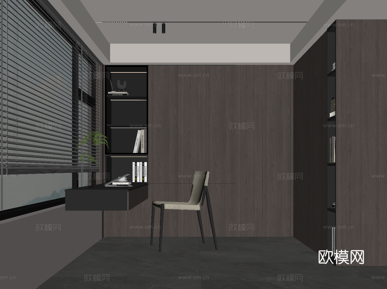 现代意式书房 L型书柜 书桌椅su模型