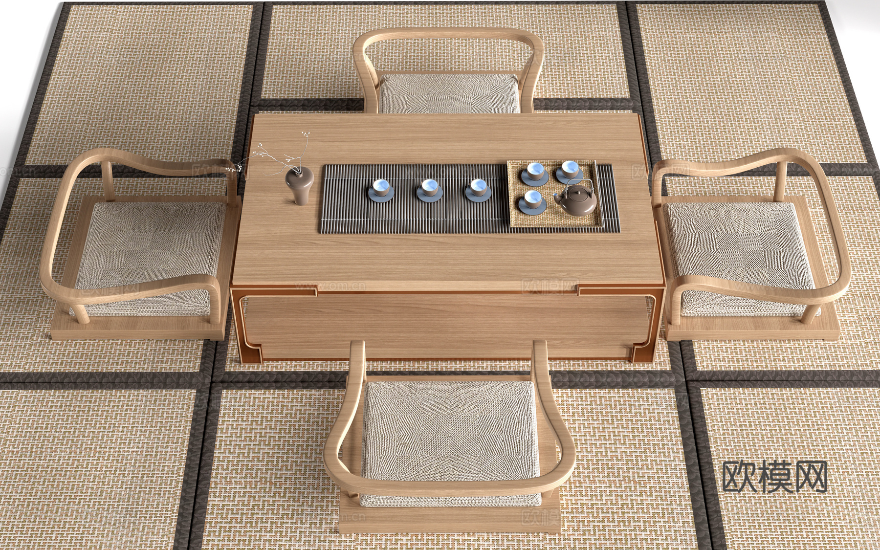 日式榻榻米茶桌 榻榻米座椅 茶室桌椅 榻榻米茶台su模型
