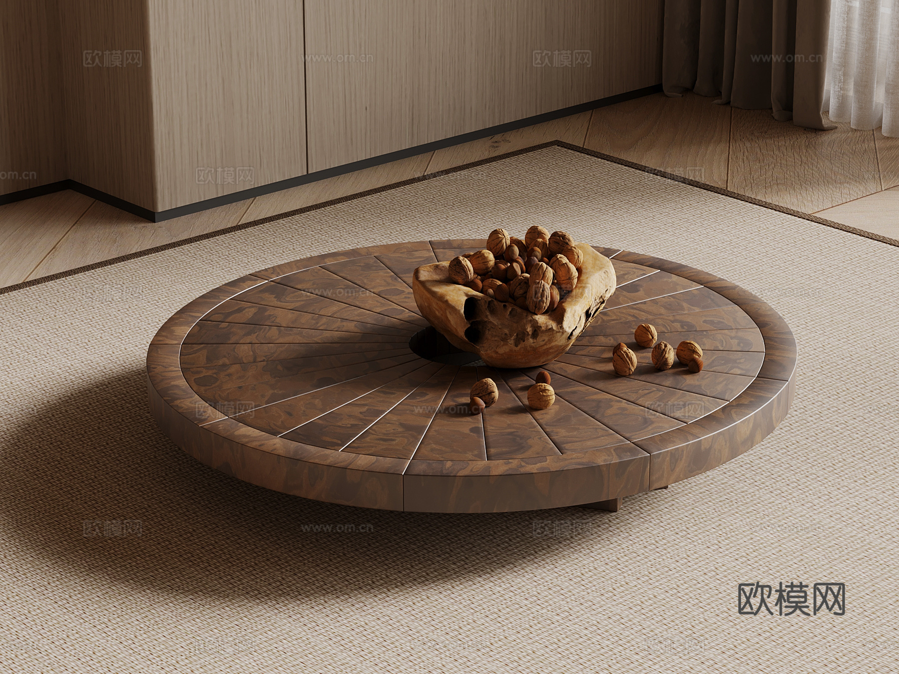 中古风茶几 实木圆形茶几3d模型下载