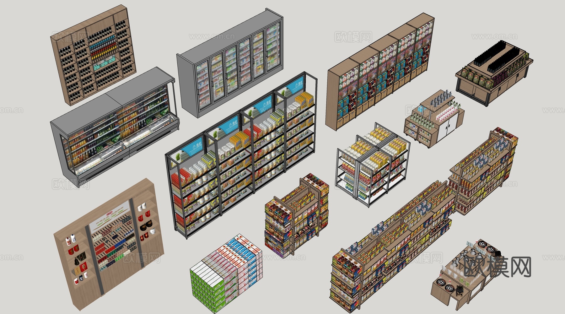 现代超市货架 零食店货架 置物架 文创展架su模型