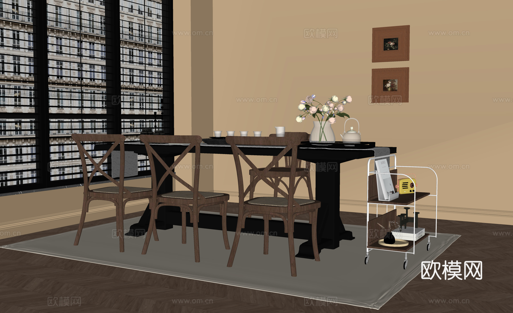 法式复古风茶台 茶桌椅su模型