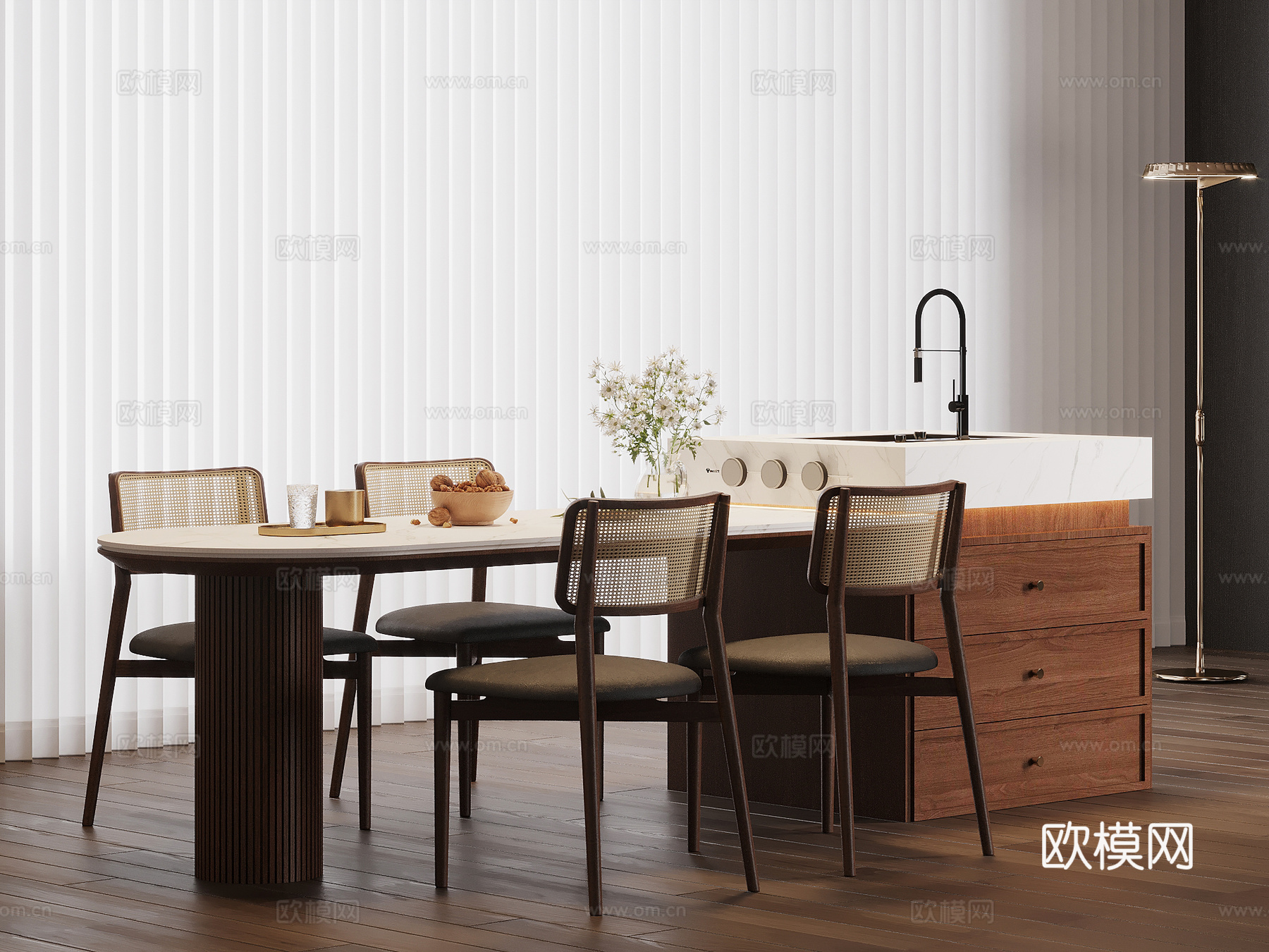 中古风岛台 餐桌椅su模型