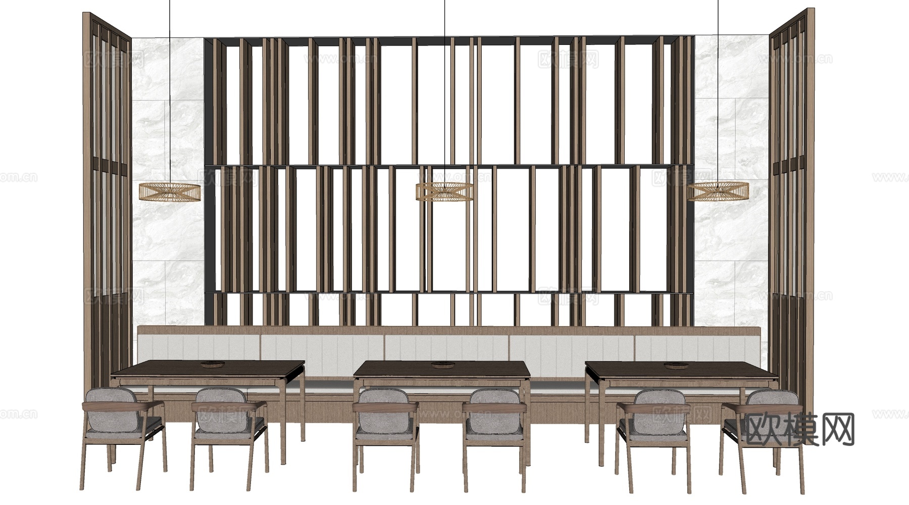 现代餐饮桌椅 餐饮卡座 餐厅屏风 餐厅隔断su模型