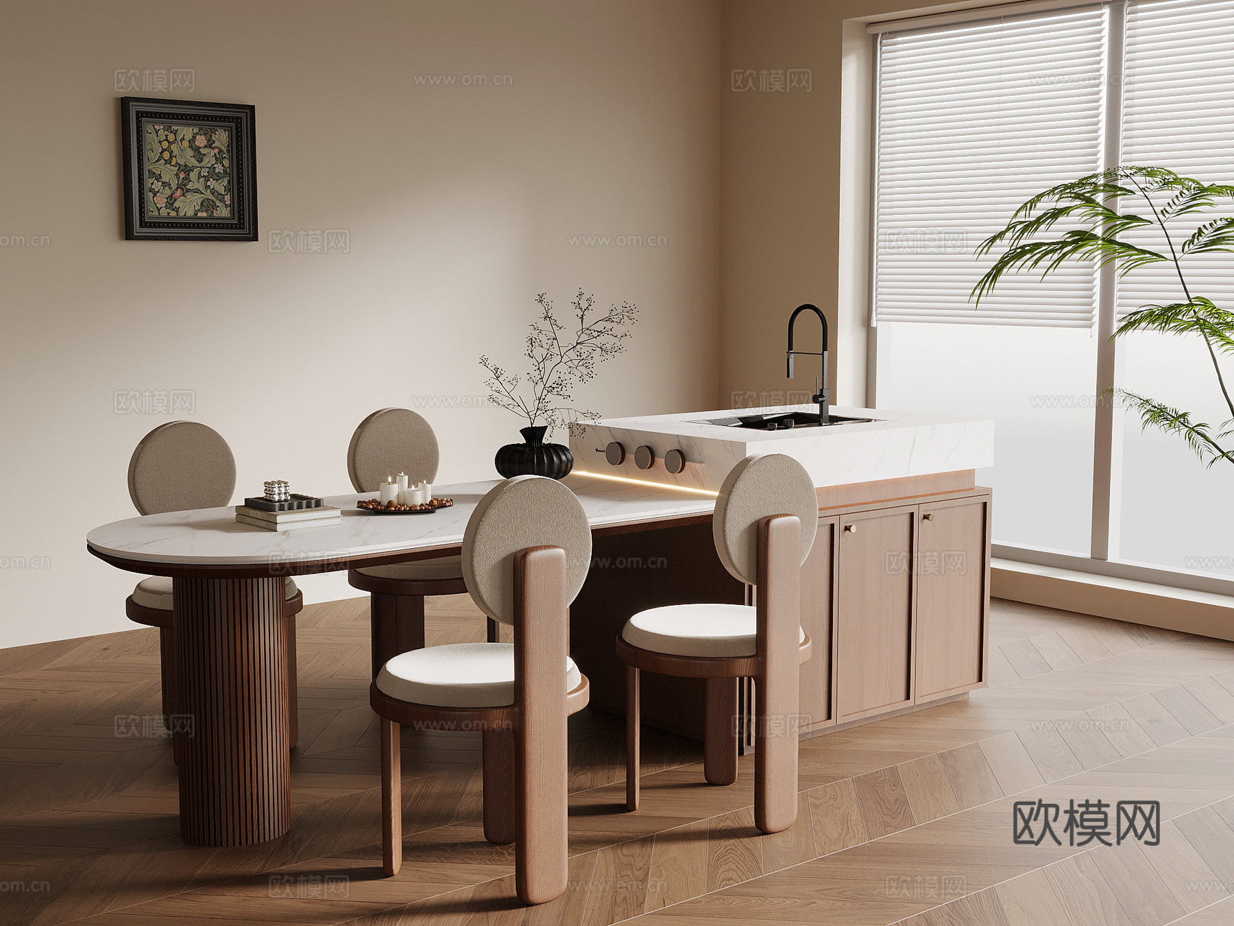 中古风岛台 餐桌椅su模型
