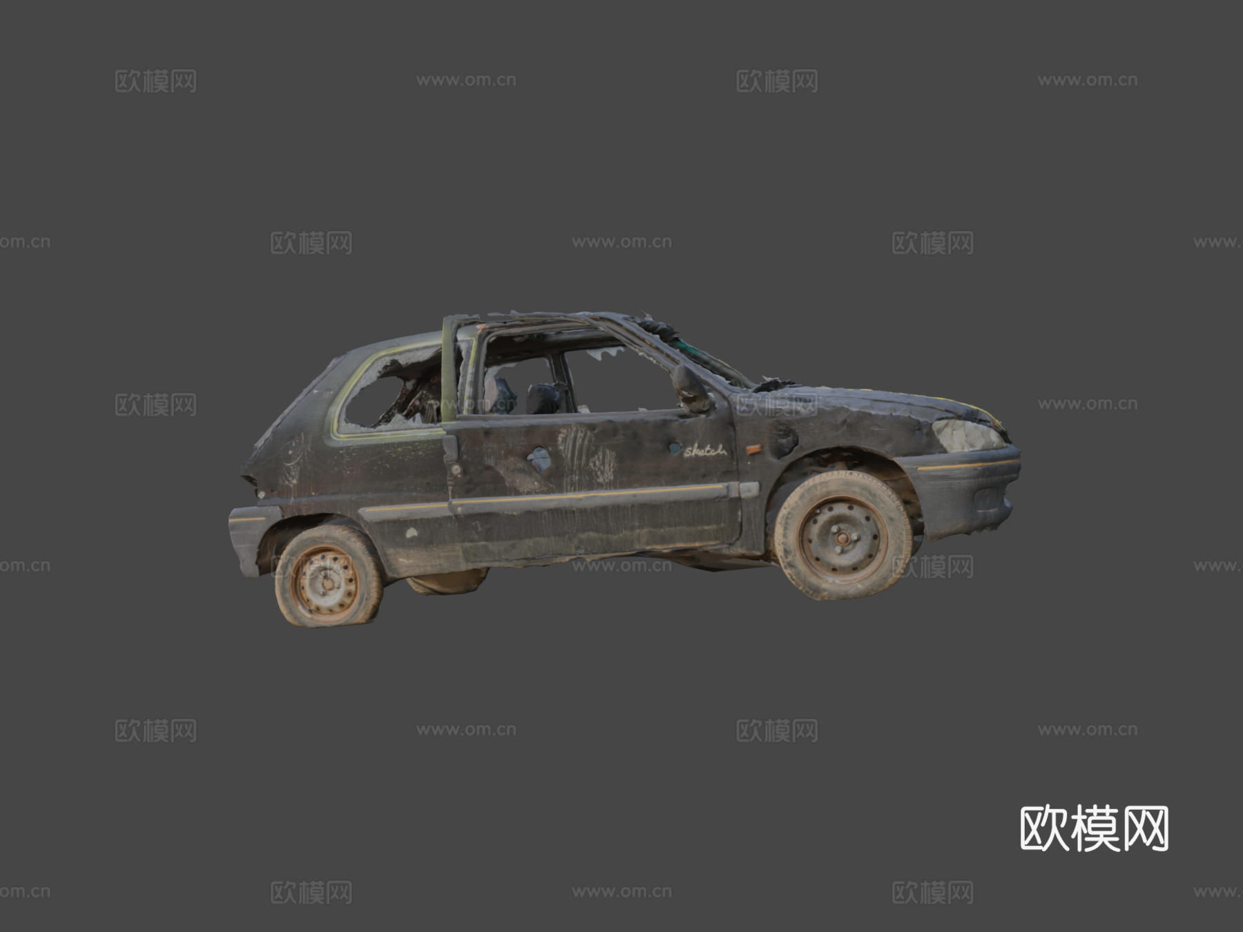 黑色汽车残骸3d模型下载（渲染图6）