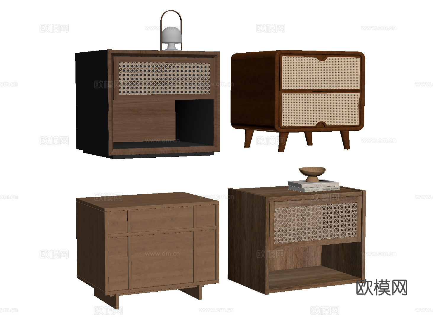 中古实木床头柜 侘寂藤编床头柜su模型
