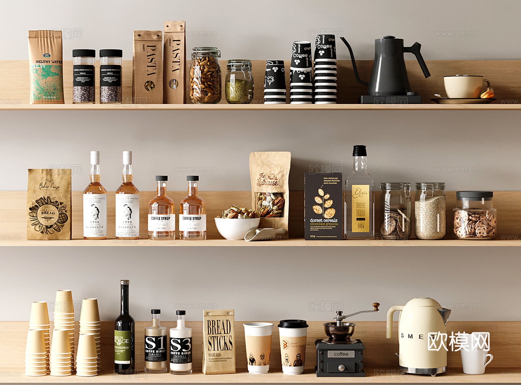 现代厨房用品 食物 咖啡袋 杯子 酒水su模型