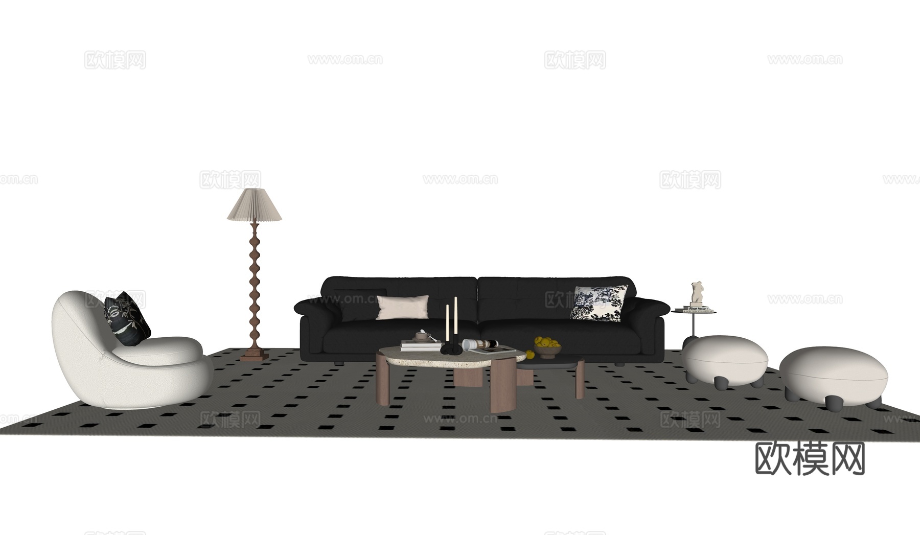 法式中古沙发组合_法式沙发茶几_中古风沙发茶几_皮质沙发su模型