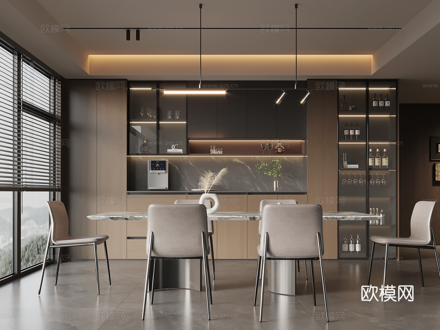 现代意式餐厅 酒柜 餐边柜 餐桌椅su模型