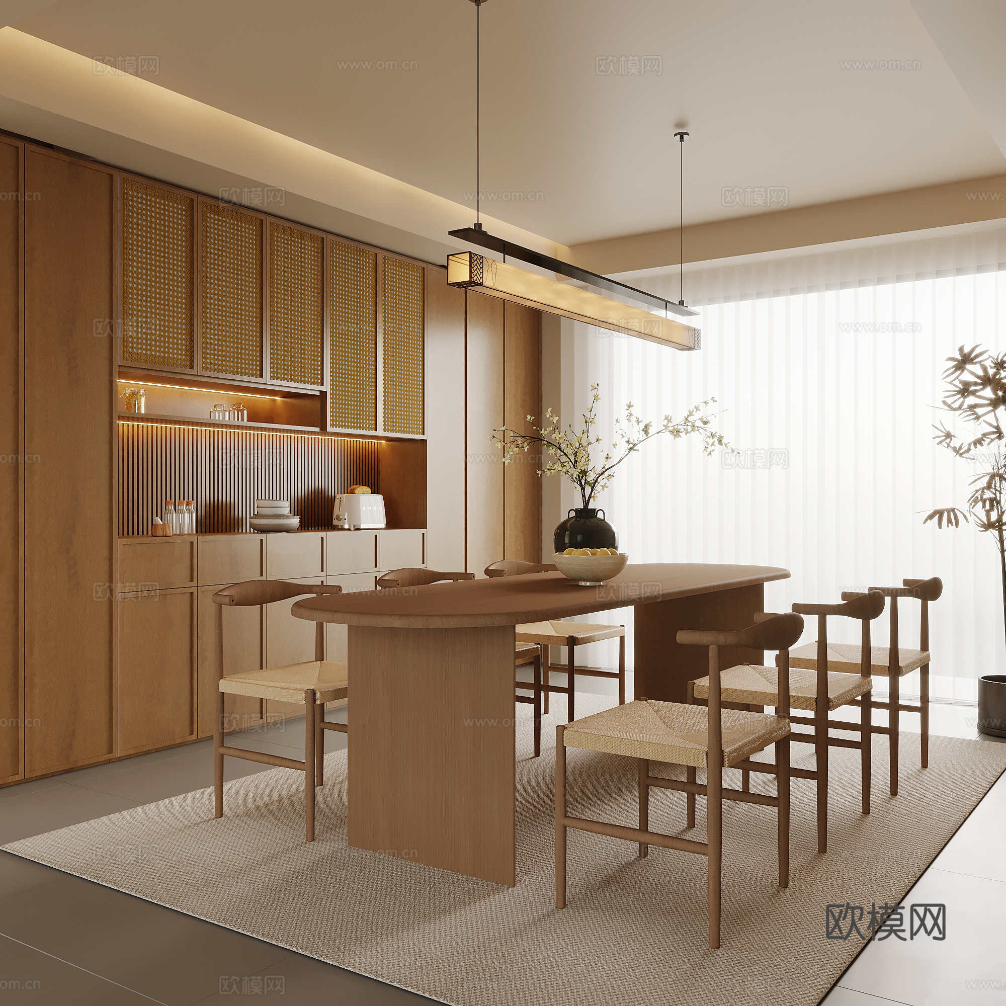 新中式餐厅 酒柜 餐边柜 餐桌椅su模型