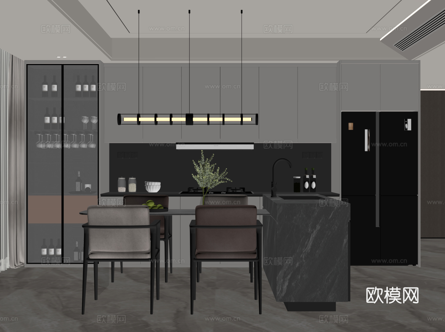 现代餐厅 餐桌椅 餐边柜 酒柜su模型