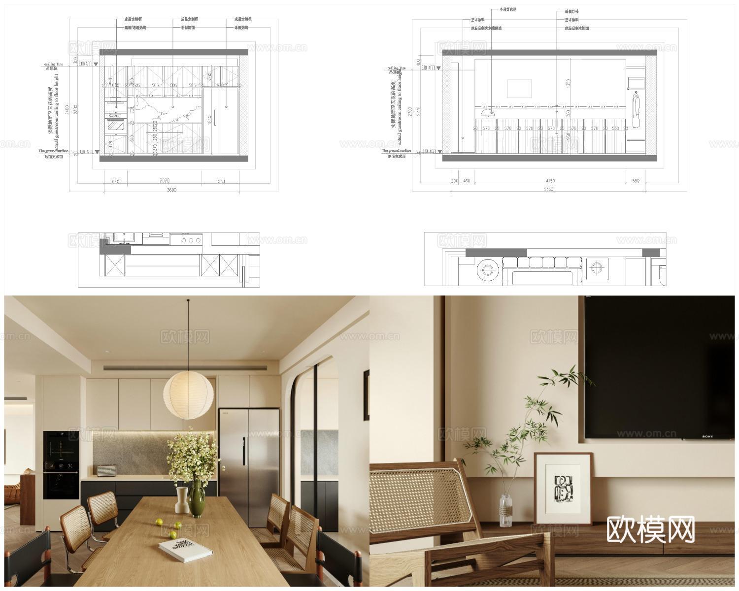 2套中古风样板间平层 最新全套 效果图 施工图设计cad施工图