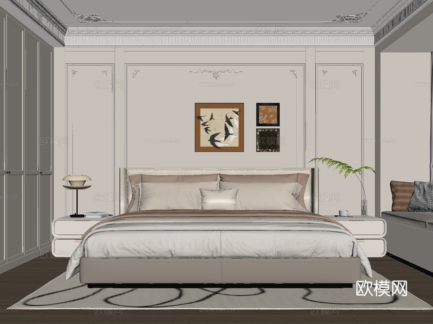 法式奶油卧室 双人床su模型