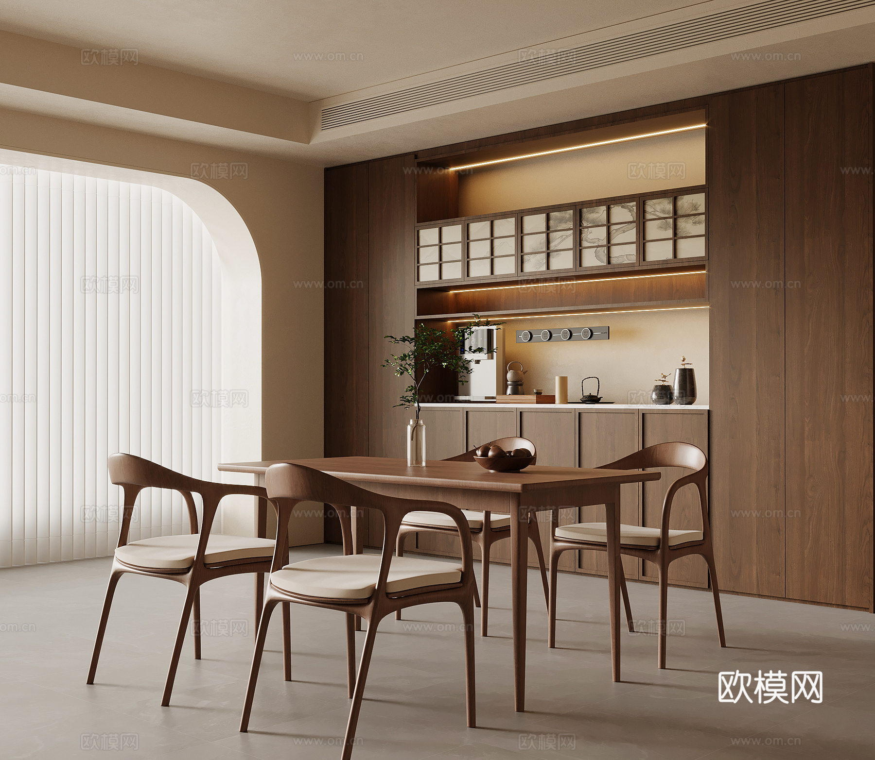 中古风餐厅 餐桌椅 酒柜su模型
