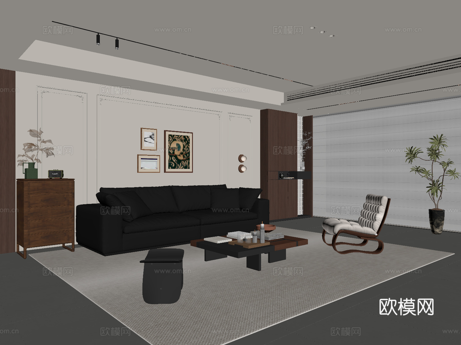 中古风客厅 沙发茶几组合 背景墙su模型