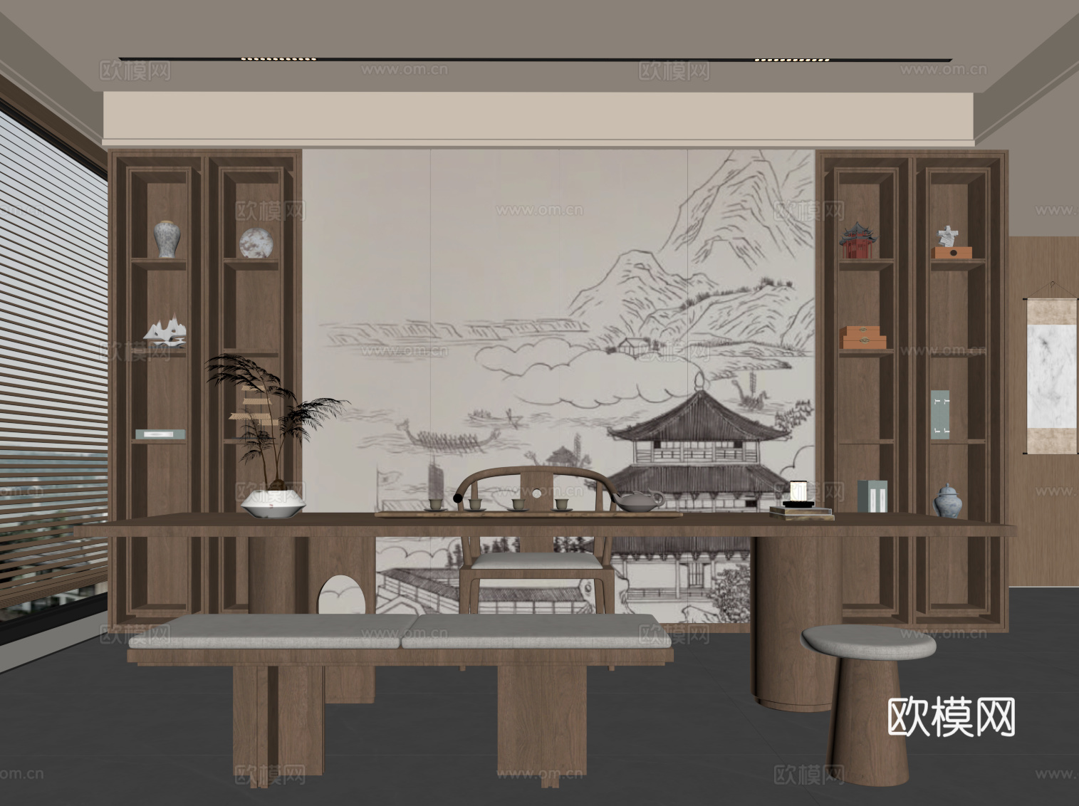 新中式茶室 茶桌椅 背景墙su模型