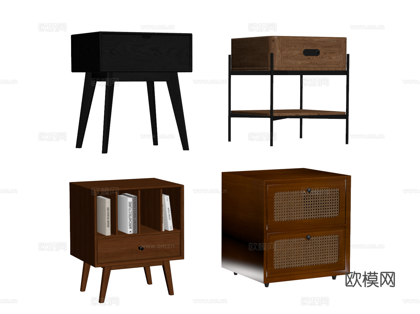 中古实木床头柜 侘寂藤编床头柜su模型