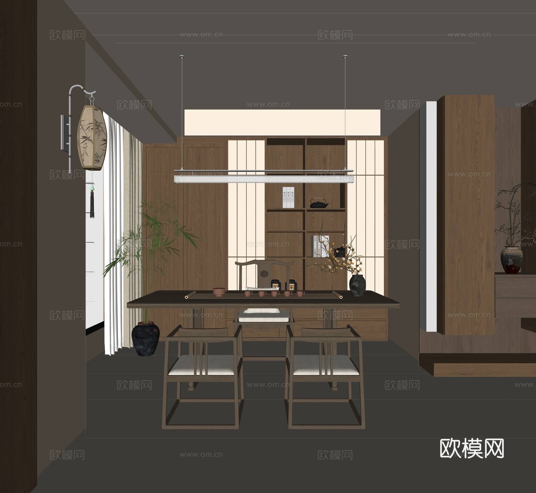 新中式茶室 宋式茶室 茶桌椅组合 实木茶桌椅 茶室柜 装饰柜su模型