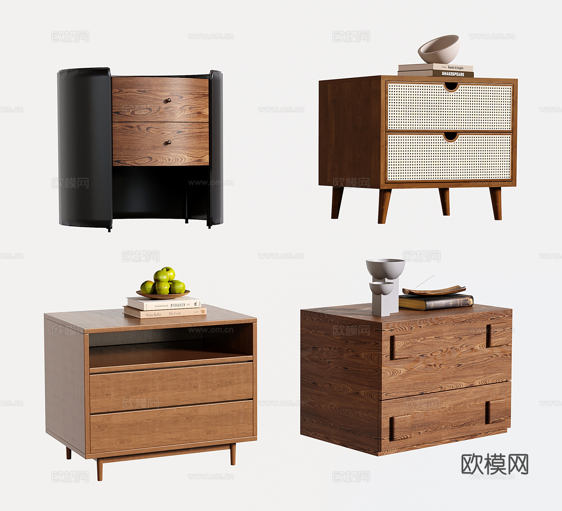 中古实木床头柜 意式床头柜 圆形 藤编su模型