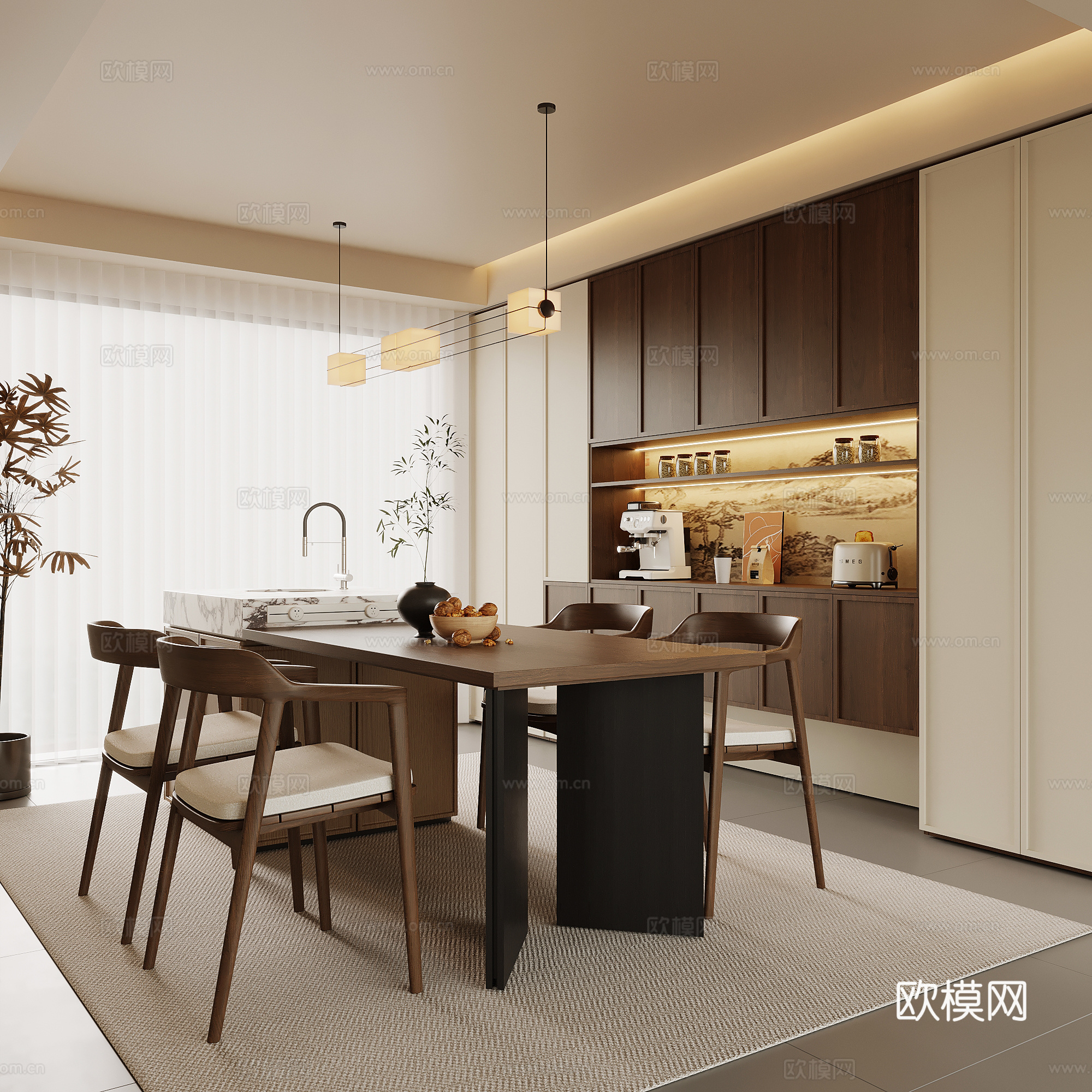 新中式餐厅 餐边柜 餐桌椅 吊灯su模型