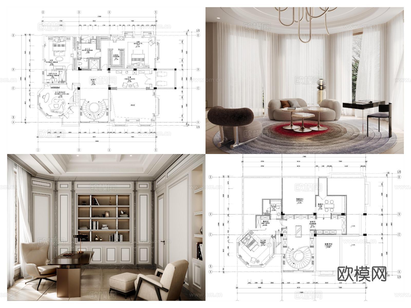 2套大别墅 最新全套 效果图 施工图设计cad施工图