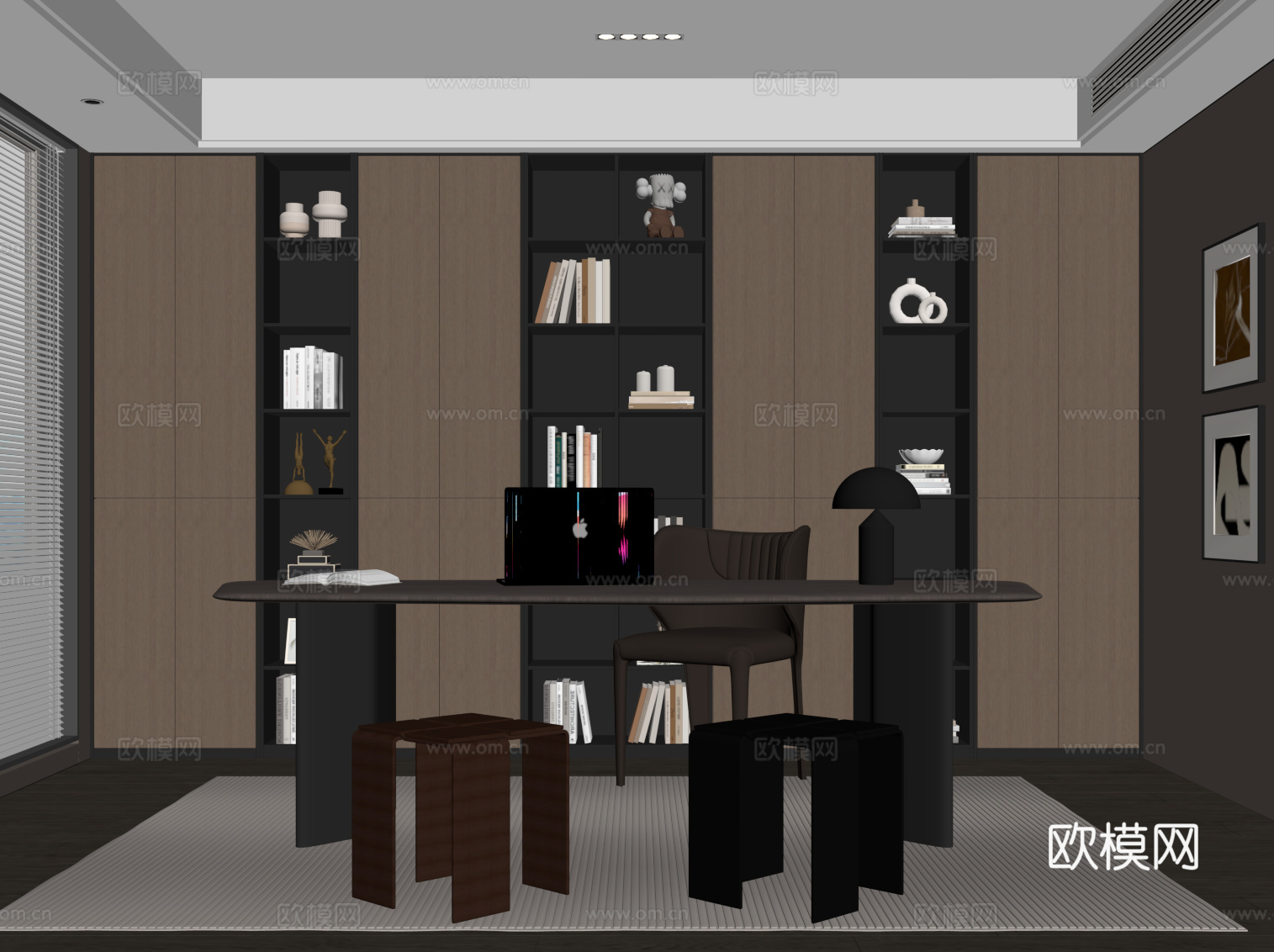 现代意式书房 书桌椅 书柜su模型
