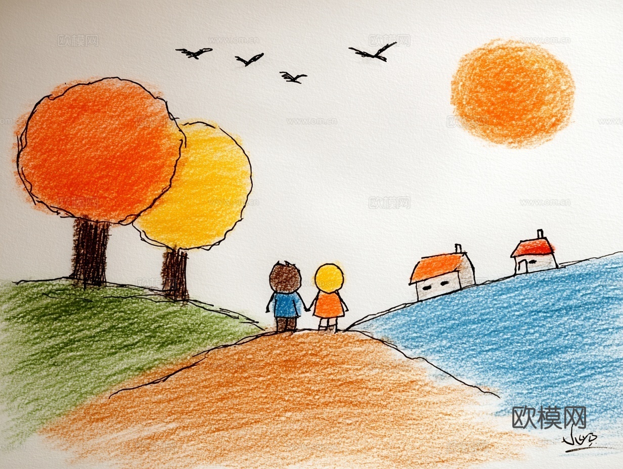 儿童房挂画手工蜡笔画手工铅笔画彩色铅笔画