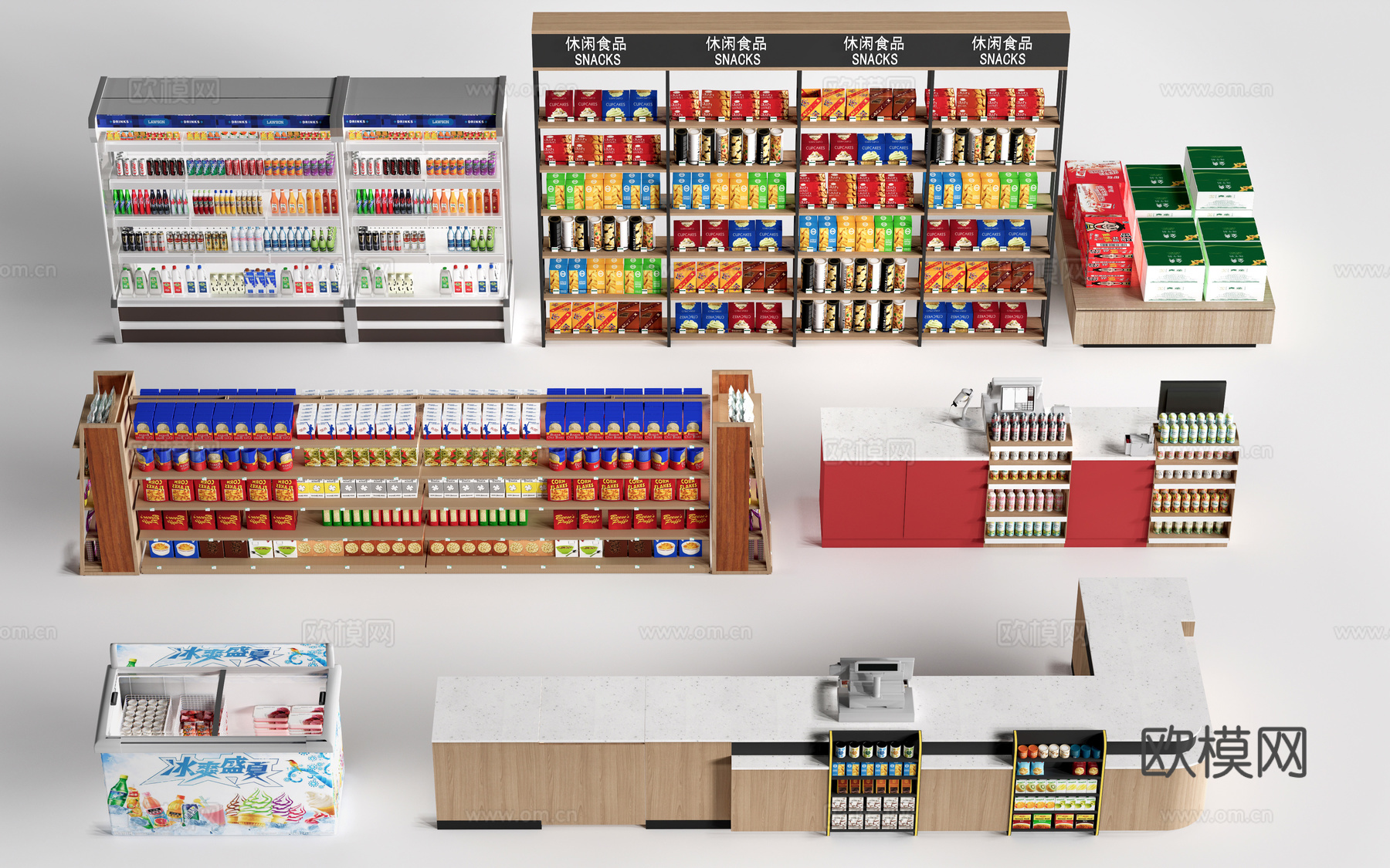 现代超市货架 零食店货架 置物架 文创展架su模型