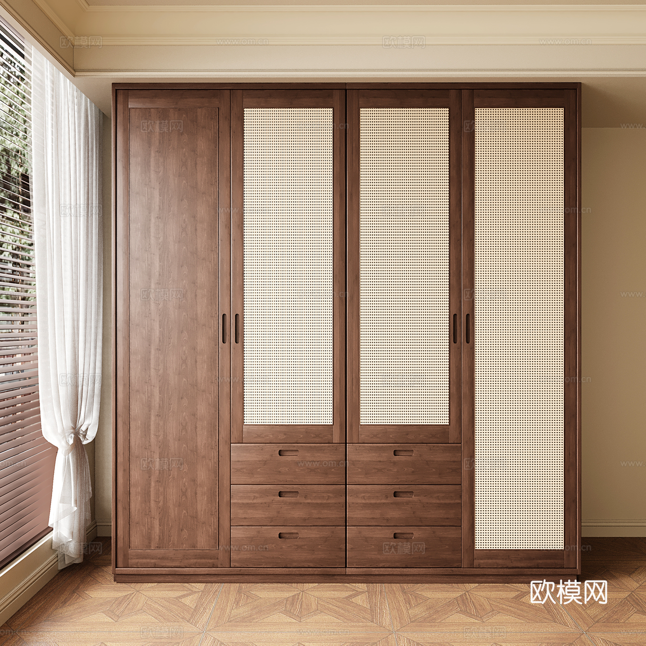 中古实木衣柜 藤编门衣柜su模型