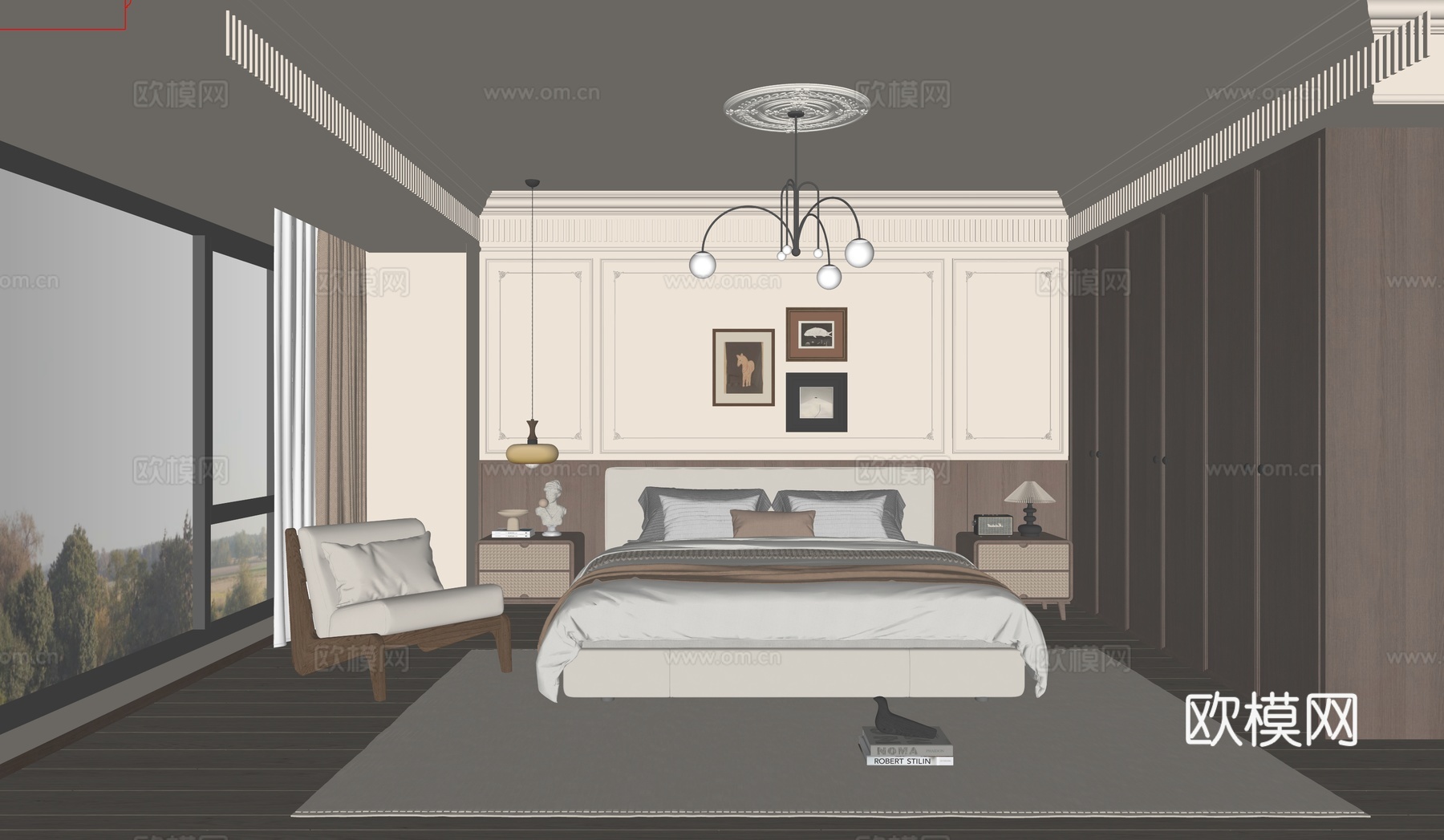 法式中古家居卧室_主卧_布艺双人床_中古风挂画_法式吊灯_中su模型