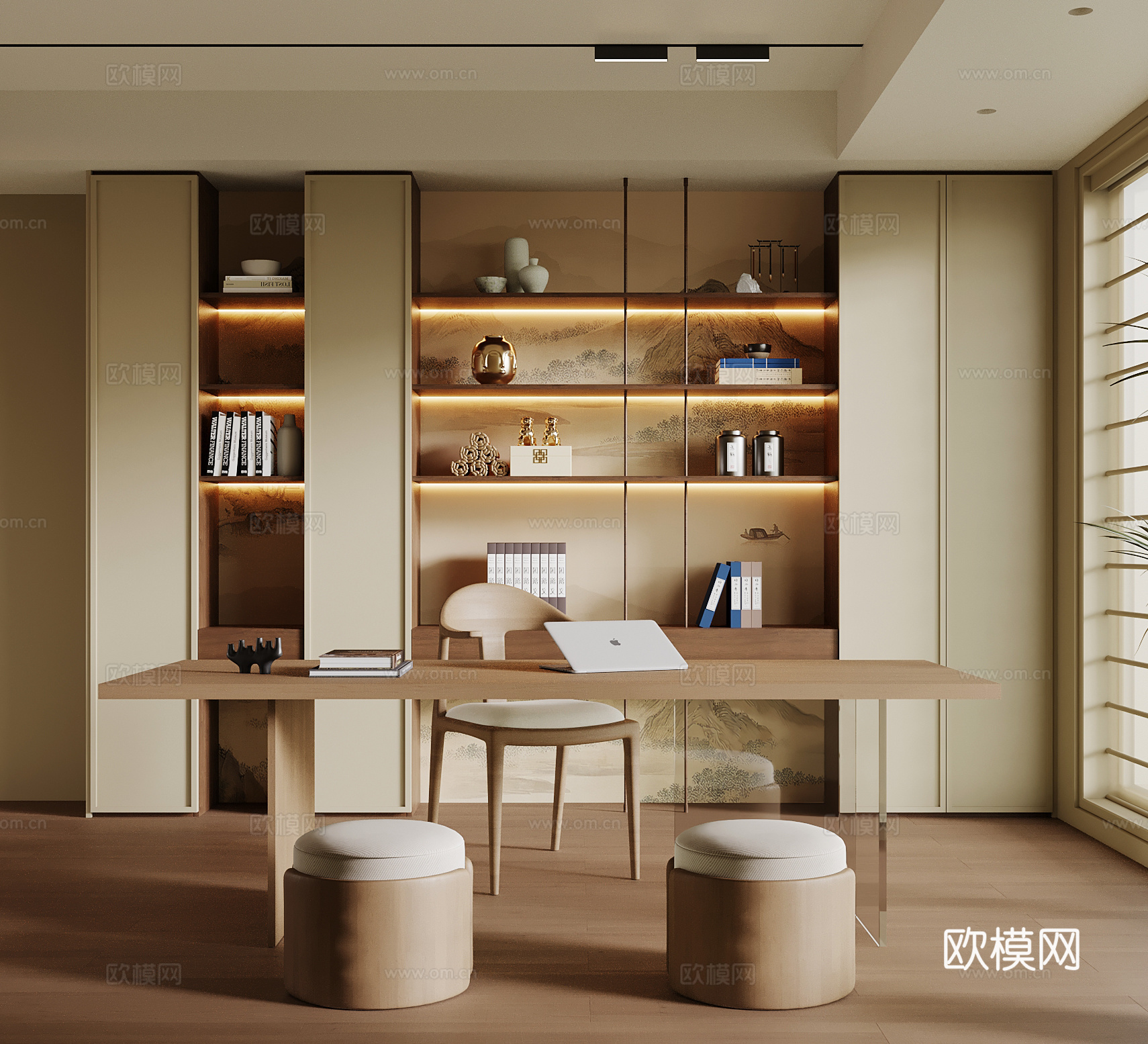 新中式书房 书柜 书桌椅su模型