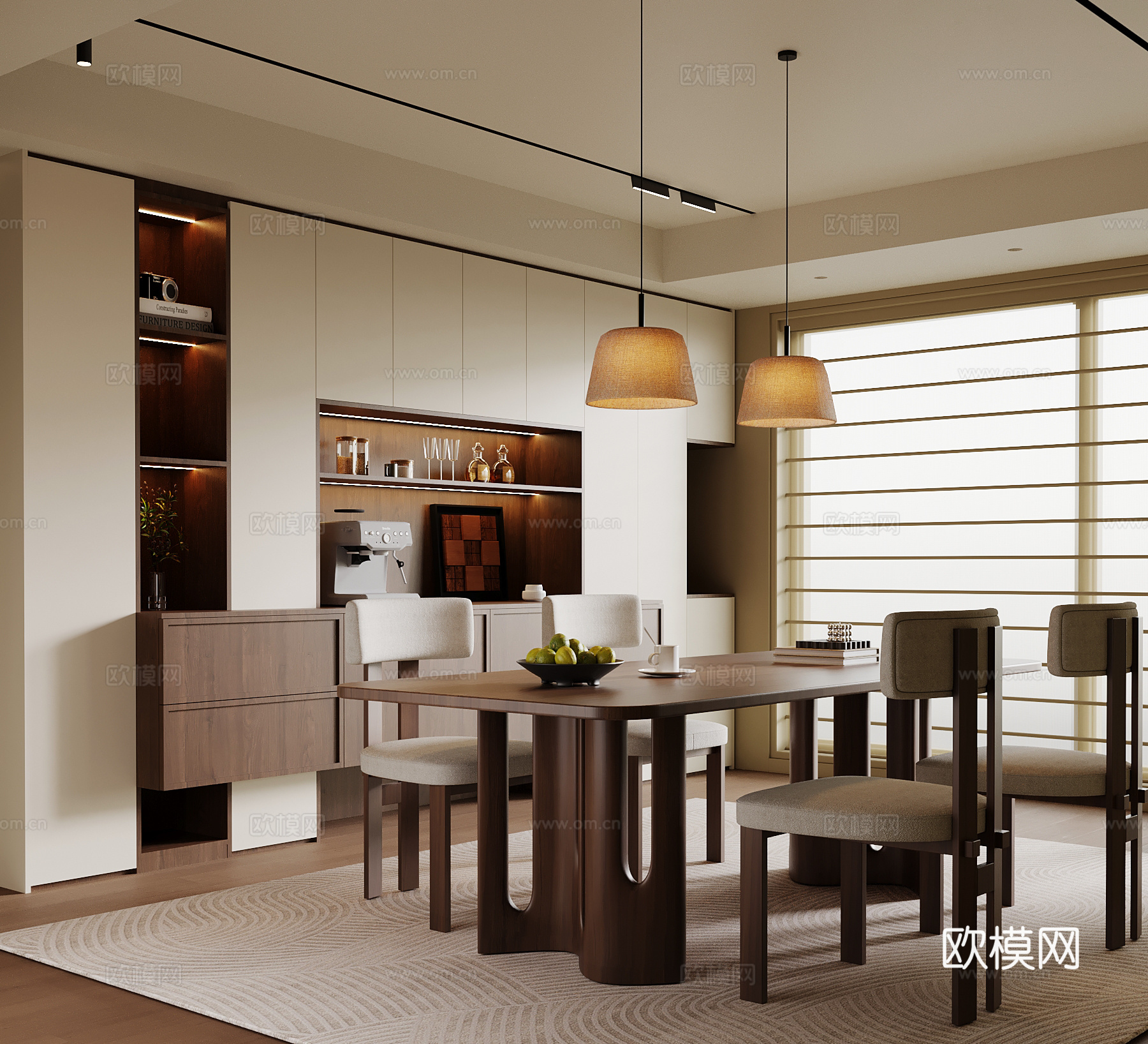 中古风餐厅 酒柜 餐桌椅su模型