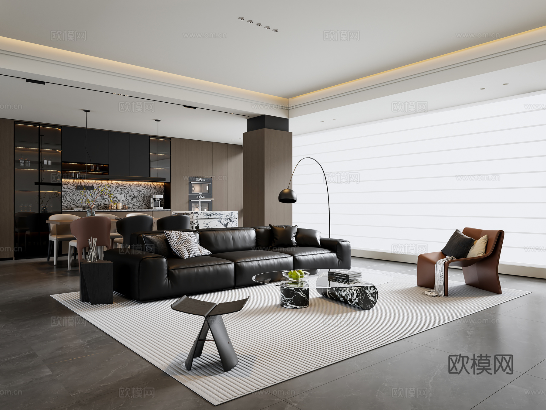 现代意式客餐厅 沙发茶几 餐桌椅 吊灯 餐边柜 酒柜su模型