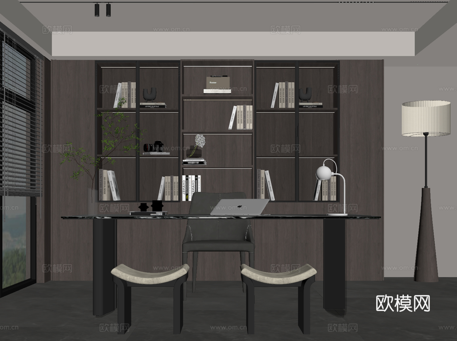 意式书房 开放式书房 书桌椅 书柜su模型