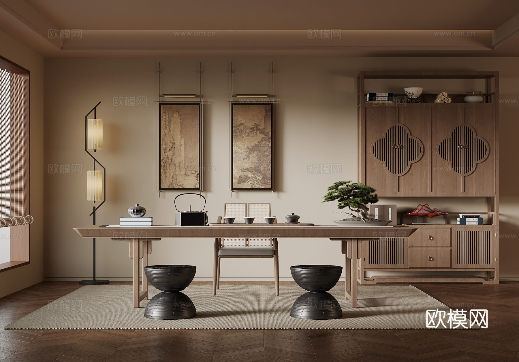 新中式茶室 茶桌椅 博古架su模型