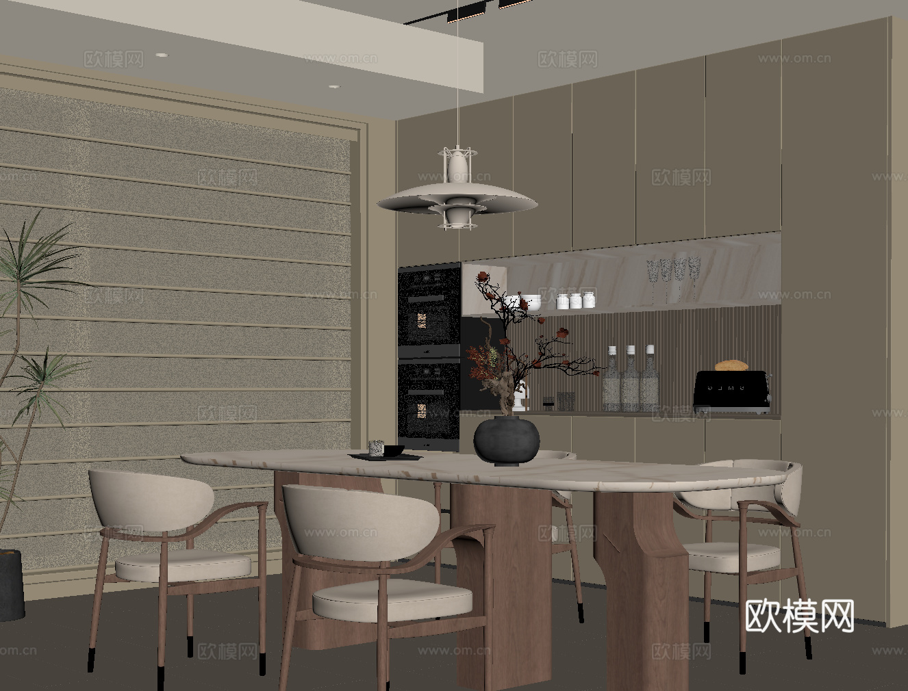 现代中古风餐厅 餐桌椅 餐边柜su模型