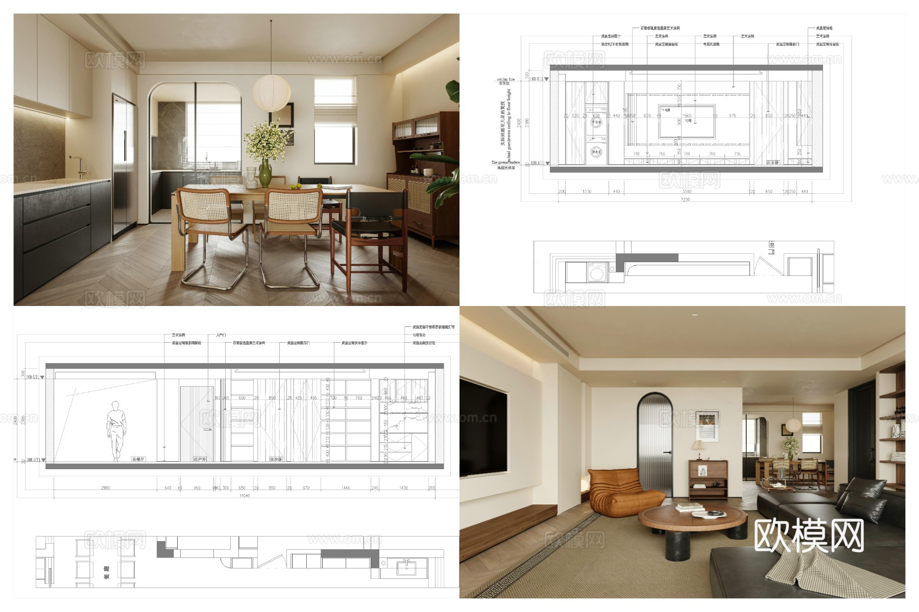 2套中古风样板间平层 最新全套 效果图 施工图设计cad施工图
