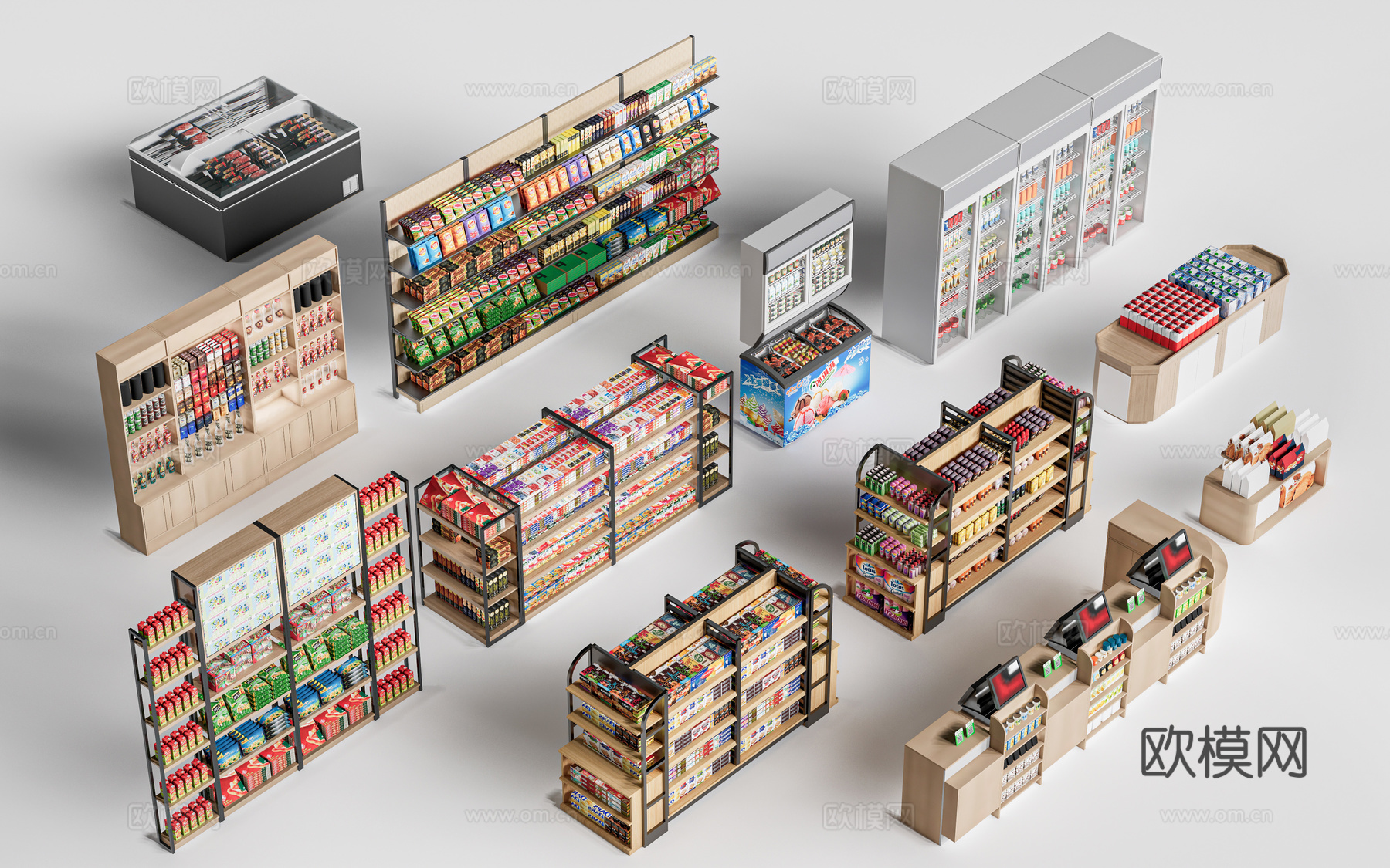 现代超市货架 零食店货架 置物架 文创展架su模型