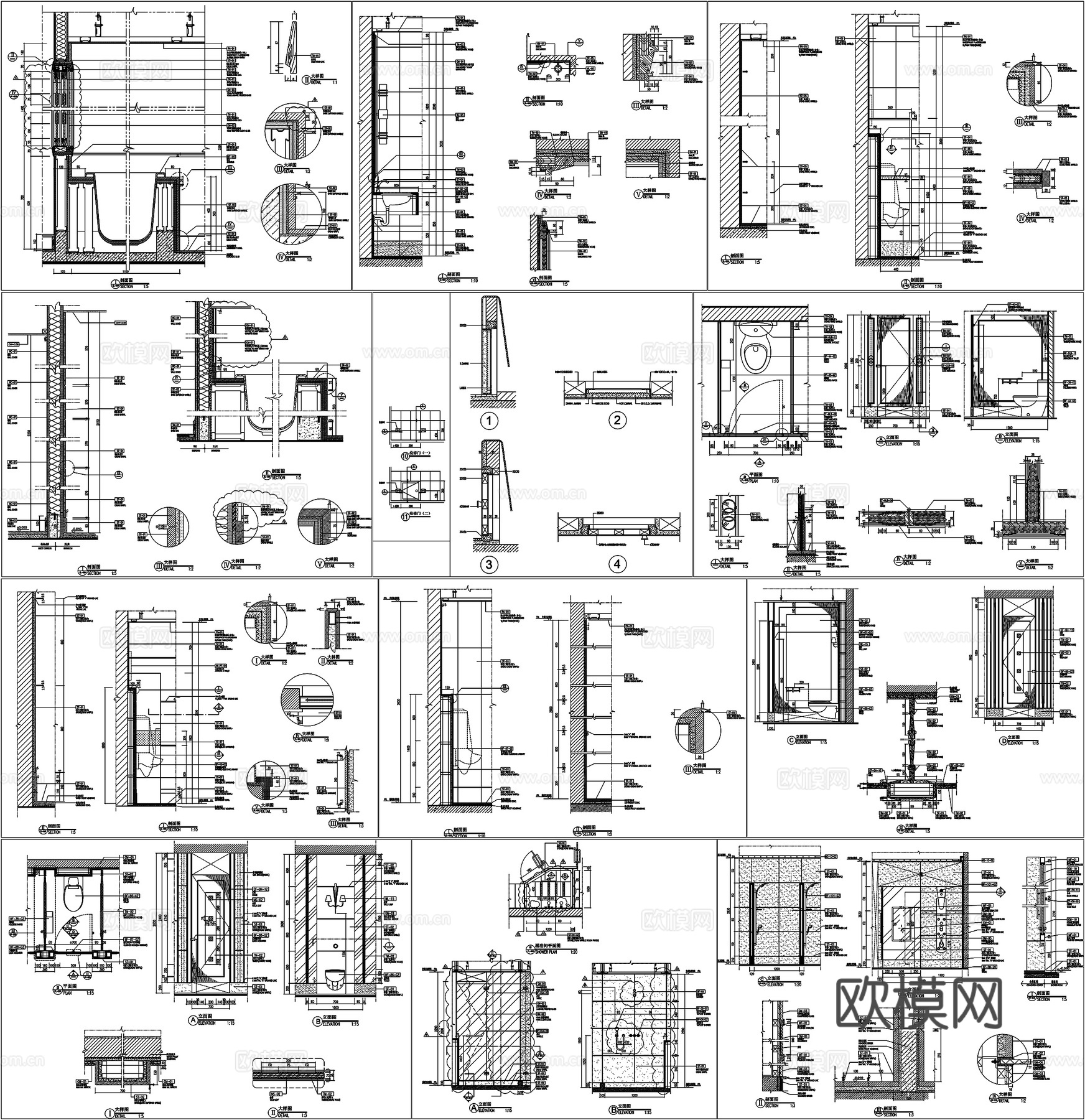 工装节点图卫浴洗手台淋浴间卫生间小便斗浴缸剖面详图CAD素材cad施工图