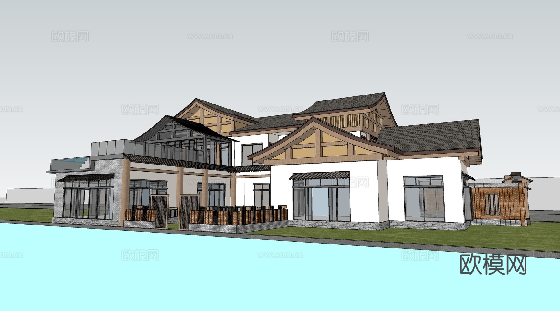 新中式民宿建筑 坡屋顶建筑 乡村民房 酒店民宿su模型