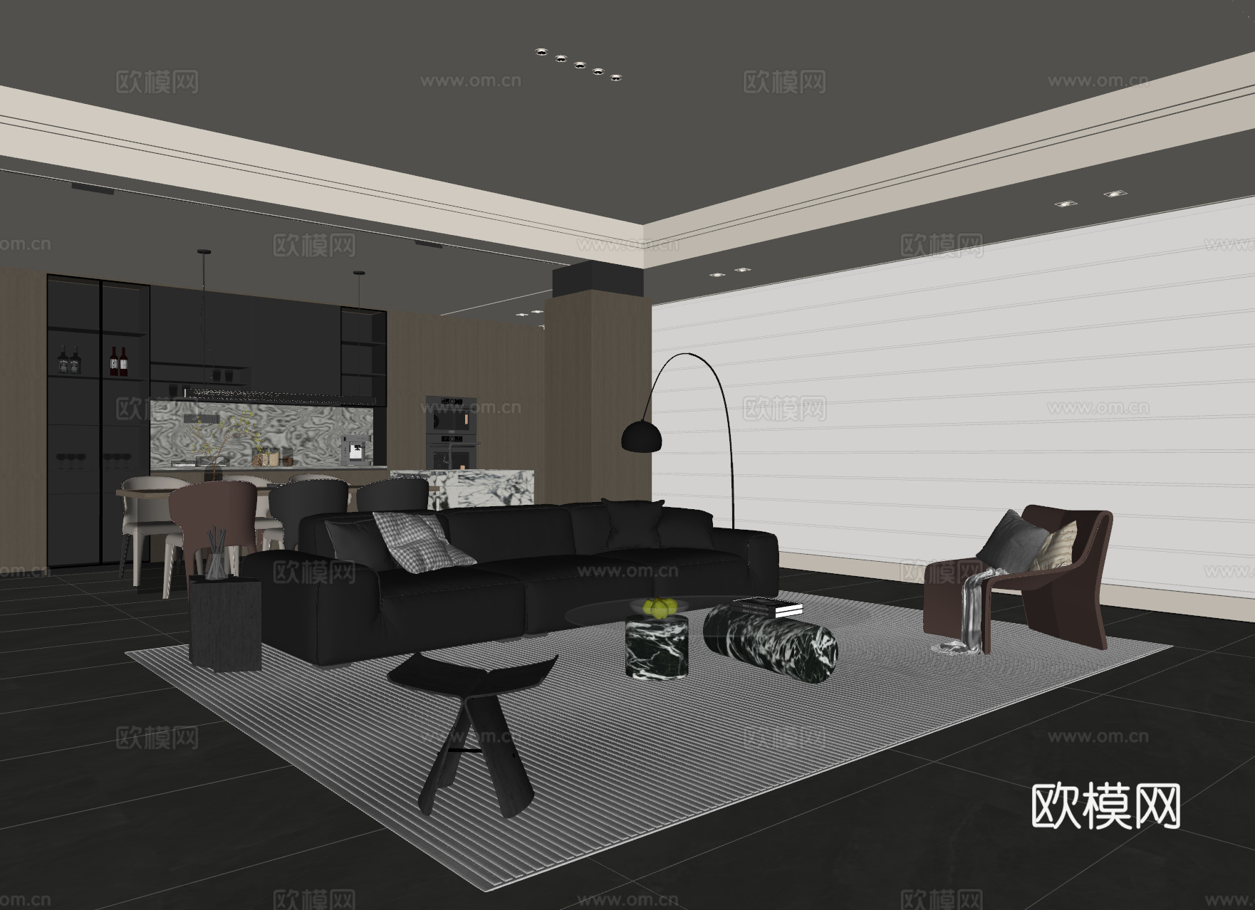 现代意式客餐厅 沙发茶几 餐桌椅 吊灯 餐边柜 酒柜su模型