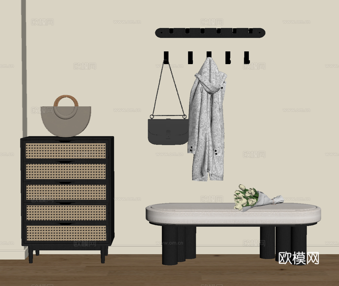 法式复古玄关 鞋柜 换鞋凳 衣架su模型