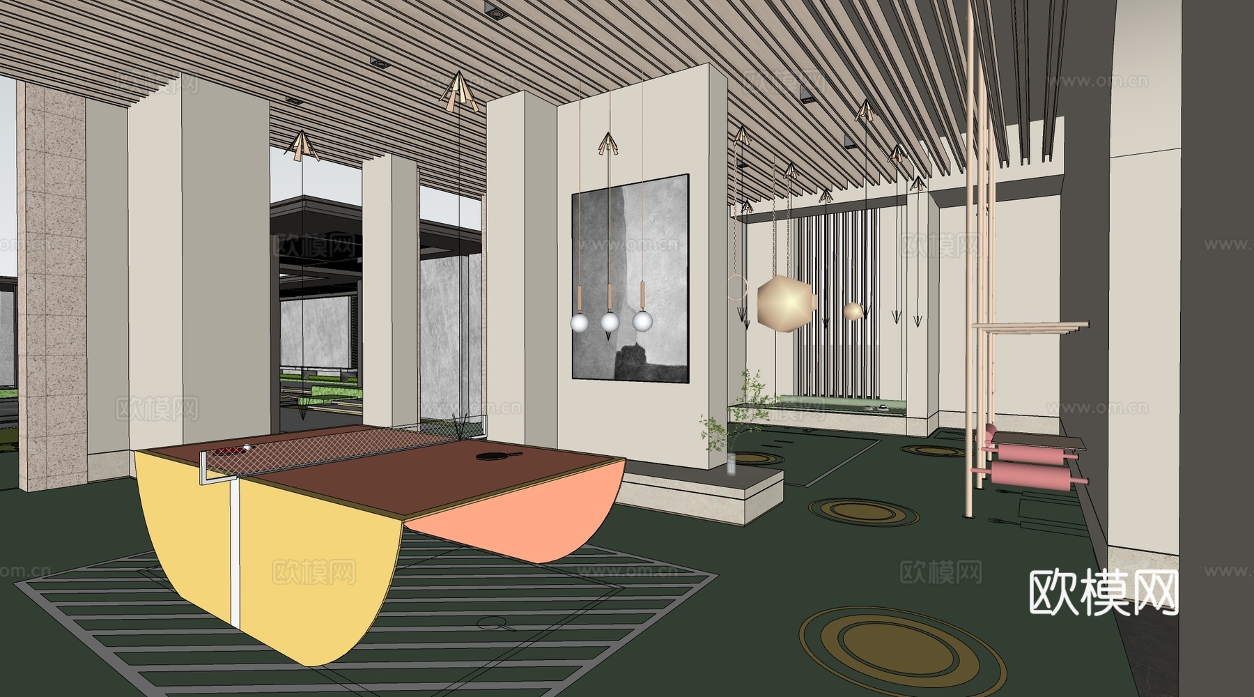 现代架空层游乐区 架空层活动区 小区架空层休闲区su模型