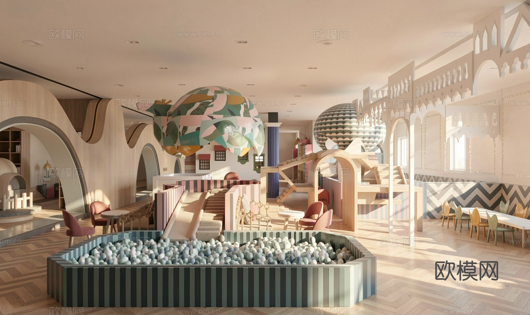 现代儿童游乐室_海洋球_滑滑梯_大型亲子游乐室su模型