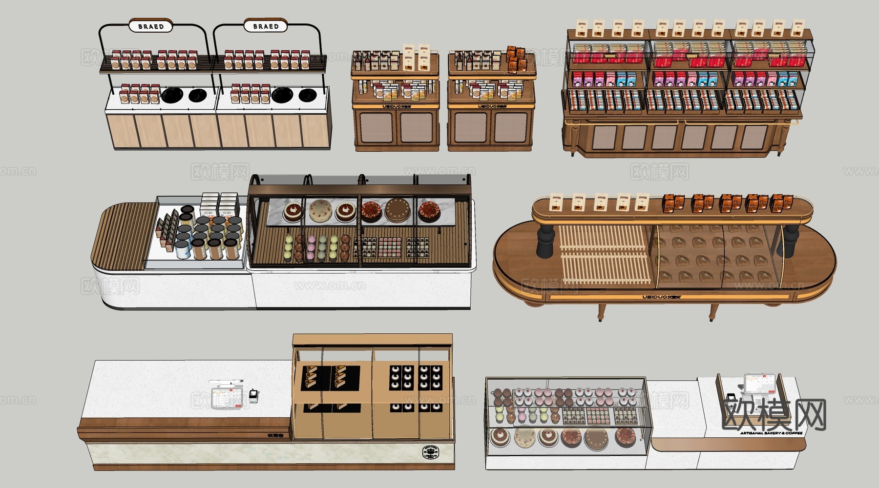 现代咖啡吧台 甜品店货架 收银台 服务台su模型