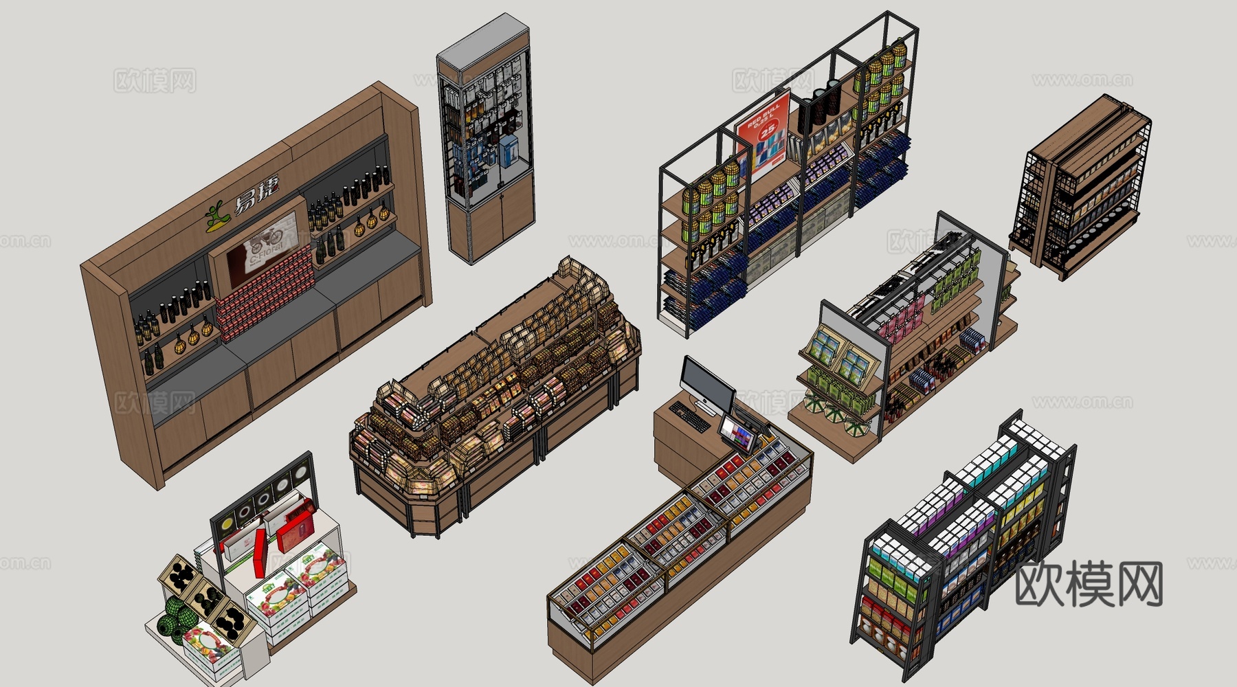 现代超市货架 零食店货架 置物架 文创展架su模型