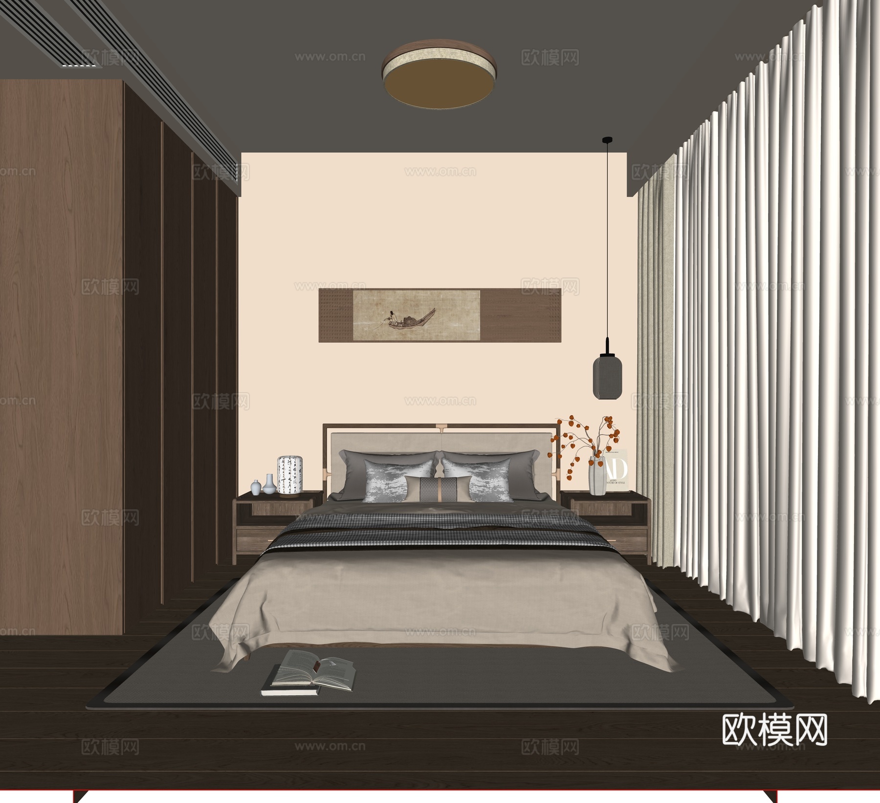 新中式卧室 宋式美学卧室 主灯卧室 次卧室 实木双人床su模型