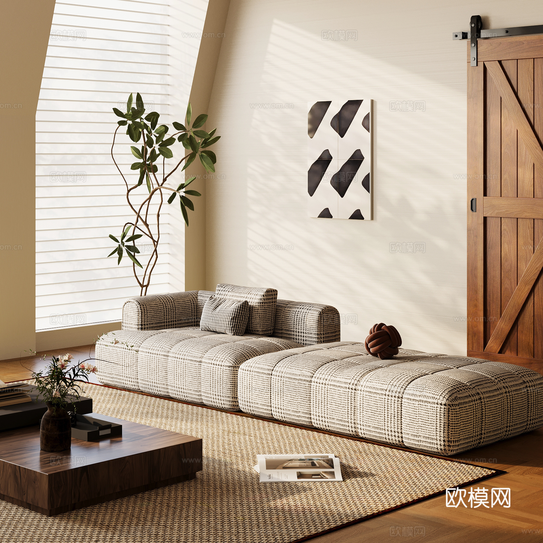 现代中古风多人沙发 布艺休闲沙发su模型