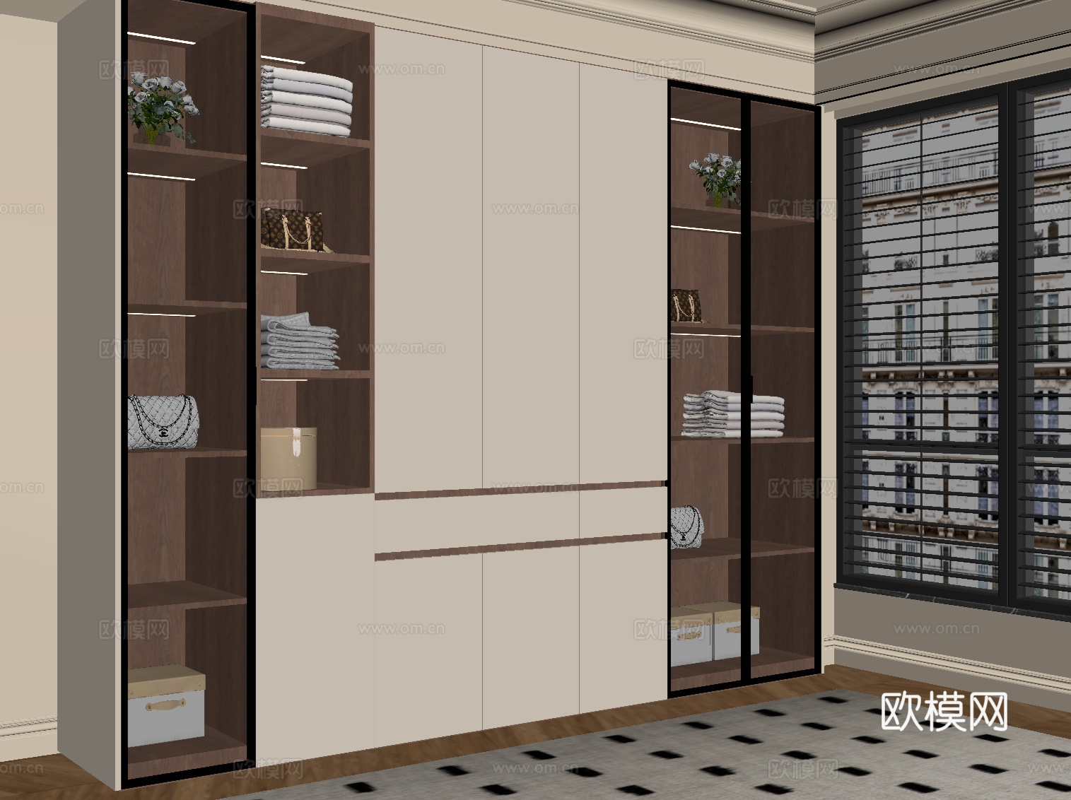 现代中古风衣柜 一体柜su模型
