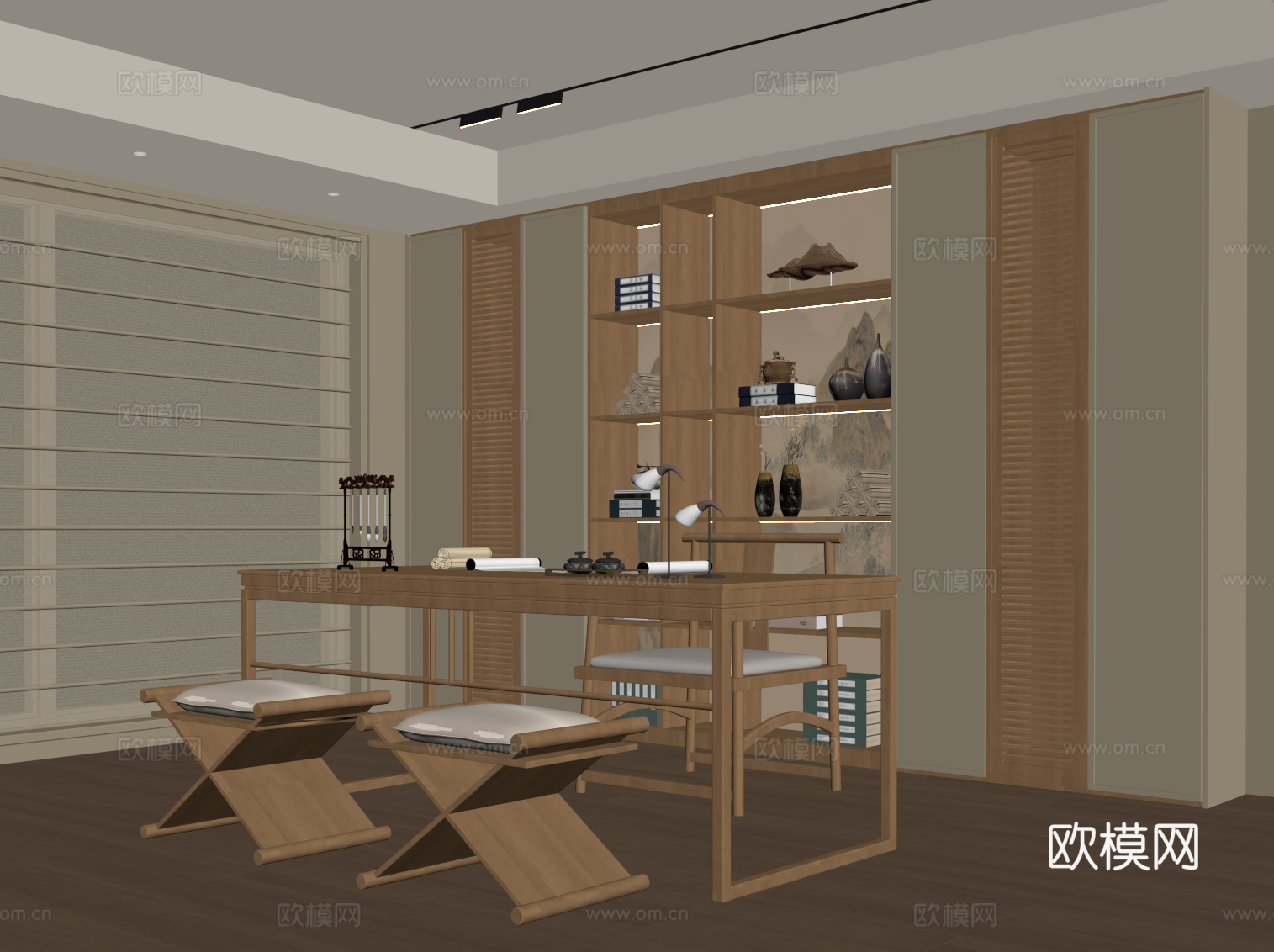 新中式书房 书柜 书桌椅su模型
